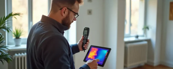 Professionnel certifié réalisant un audit énergétique détaillé dans une maison moderne