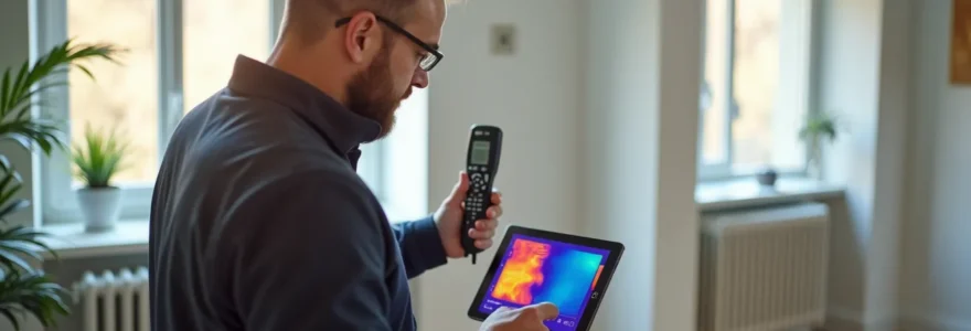Professionnel certifié réalisant un audit énergétique détaillé dans une maison moderne