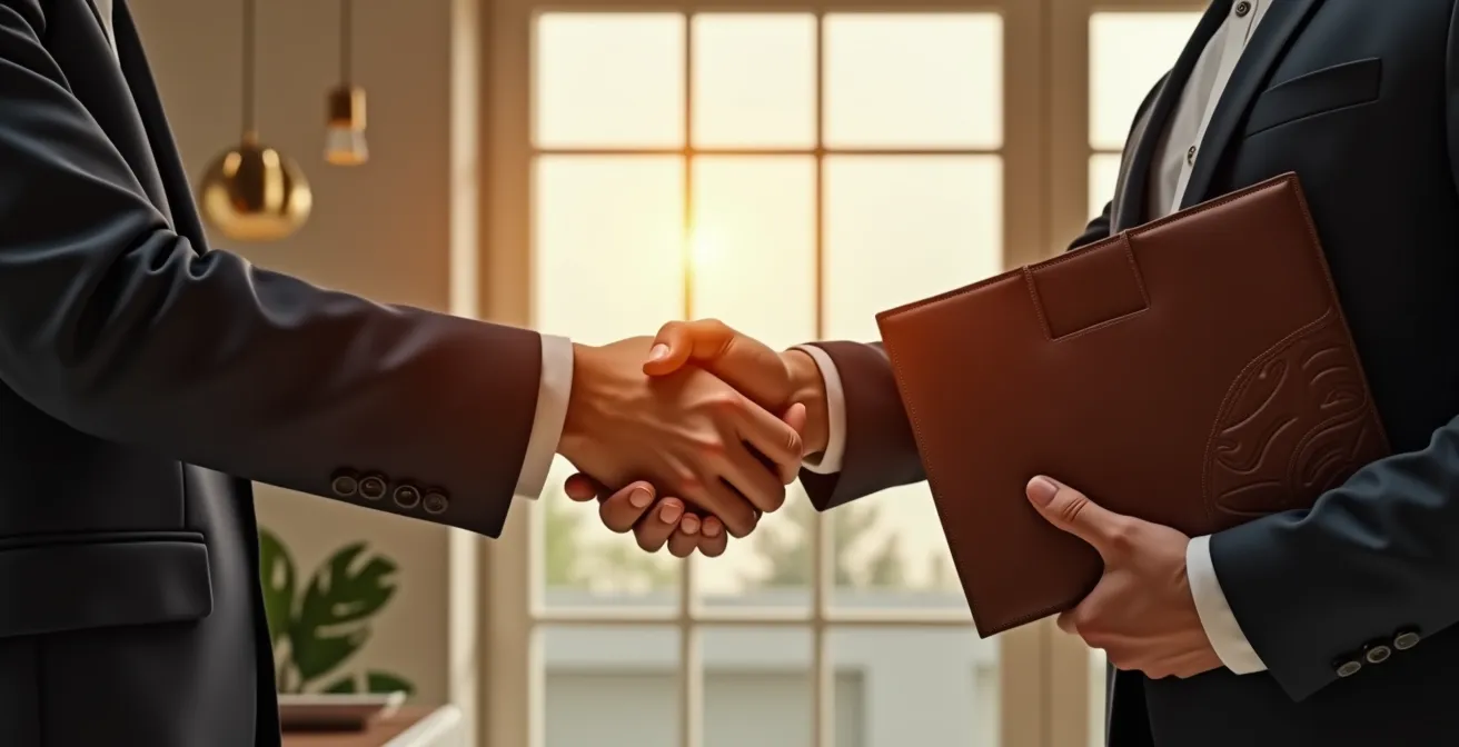 Poignée de main symbolique entre deux professionnels scellant une transaction immobilière valorisée
