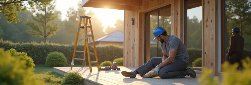 Illustration photo-réaliste d'une entreprise de rénovation écologique au travail dans une maison bien isolée, lumière naturelle, ambiance chaleureuse et propre sans texte ni logos.