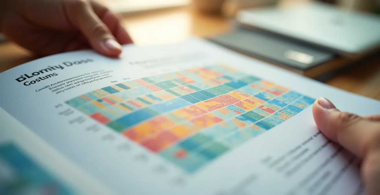 Gros plan photo-réaliste d'une main tenant un tableau comparatif abstrait aux motifs graphiques colorés, représentatif des différentes classes énergétiques, sans texte lisible.