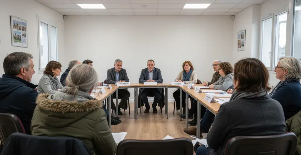 Assemblée générale de copropriété vue depuis le fond de la salle, copropriétaires assis discutant