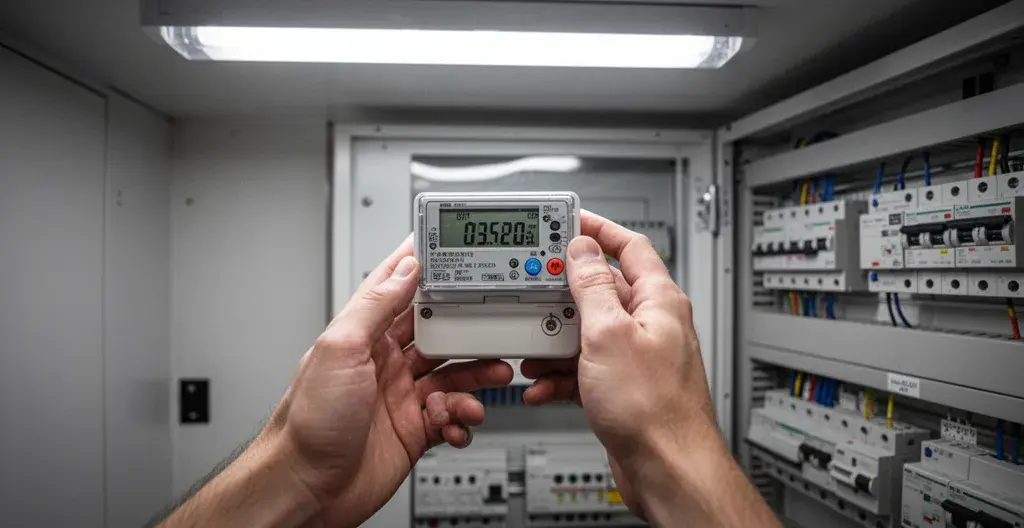 Compteur électrique digital dans local technique d'immeuble résidentiel, affichage puissance souscrite copropriété