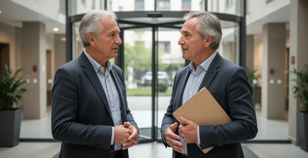 Deux copropriétaires discutant dans le hall d'un immeuble moderne, réunion informelle gestion énergétique