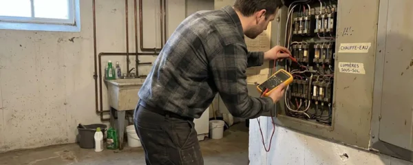 Électricien professionnel inspectant un ancien panneau à fusibles dans un sous-sol résidentiel lors d'une évaluation de mise aux normes
