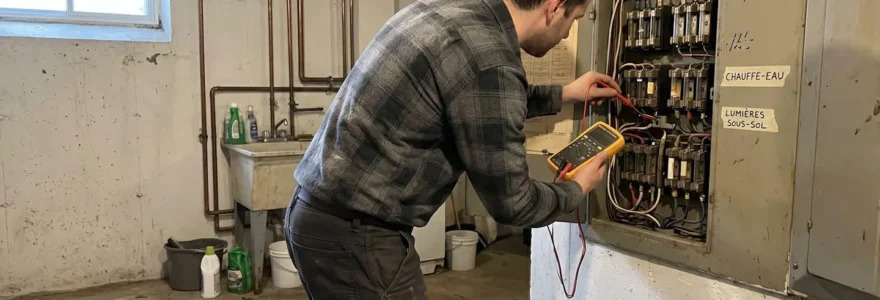 Électricien professionnel inspectant un ancien panneau à fusibles dans un sous-sol résidentiel lors d'une évaluation de mise aux normes