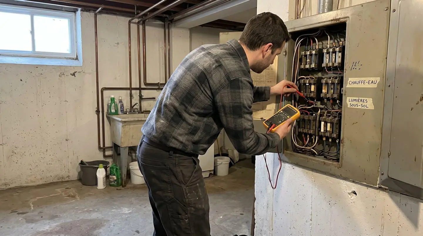 Électricien professionnel inspectant un ancien panneau à fusibles dans un sous-sol résidentiel lors d'une évaluation de mise aux normes