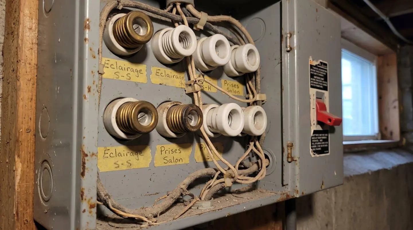 Gros plan d'un ancien panneau à fusibles céramique avec câblage textile, typique des installations résidentielles québécoises des années 1960-1970