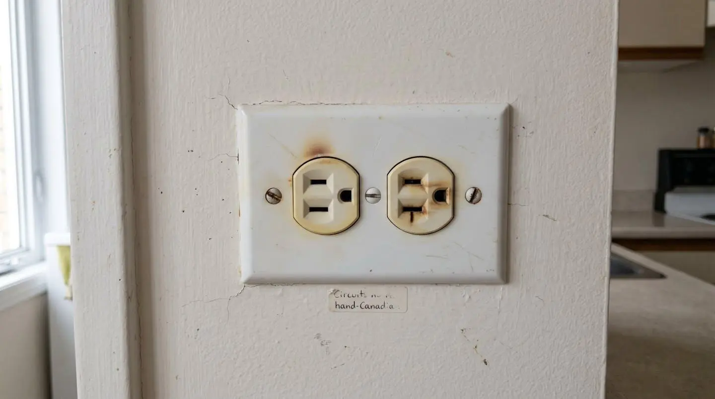 Prise électrique murale présentant une décoloration jaunâtre et des traces de surchauffe, signal d'alerte d'une installation surchargée