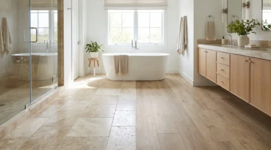 Vue d'une salle de bain lumineuse avec différentes options de revêtement de sol : carrelage naturel et vinyle waterproof
