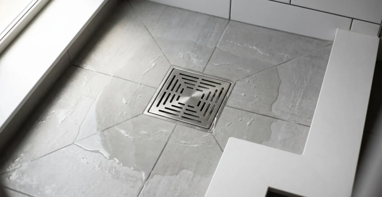 Gros plan d'un drain de douche résidentiel moderne avec eau stagnante accumulée autour de la grille, symptôme d'écoulement ralenti nécessitant diagnostic