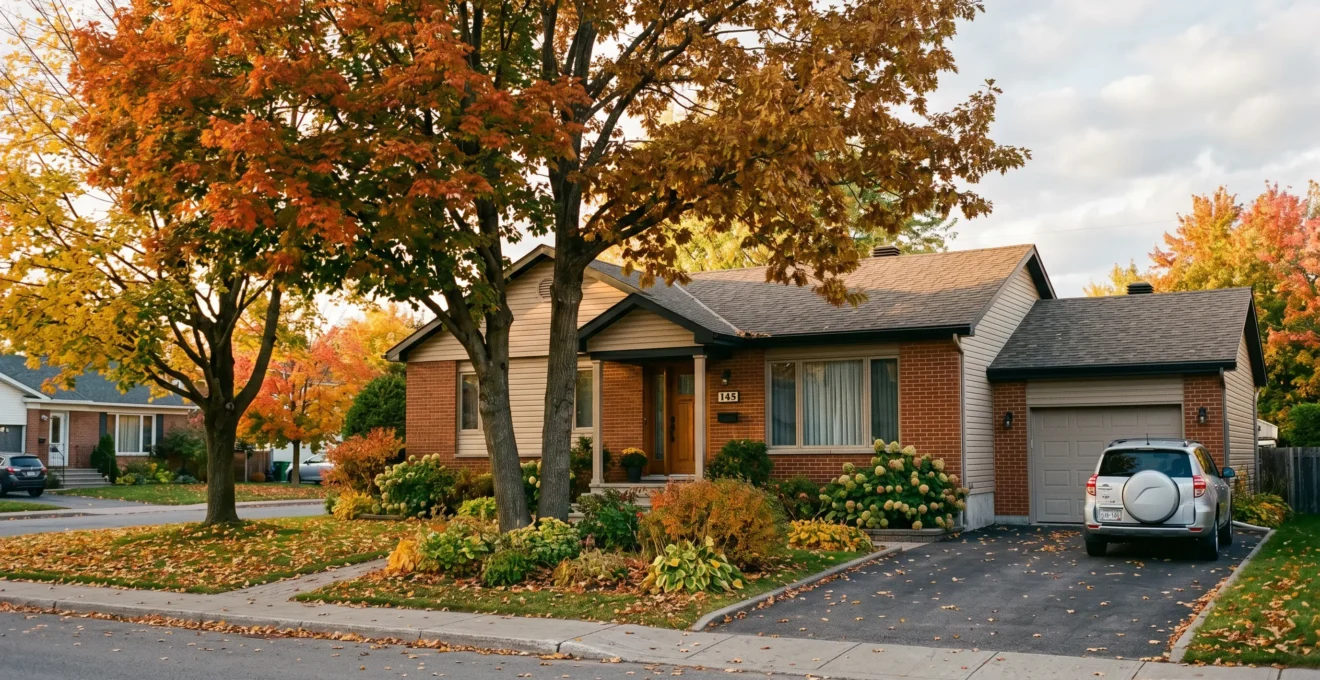 Maison unifamiliale typique de la Rive-Sud de Montréal avec arbres matures (érables) plantés à proximité des fondations, contexte résidentiel automnal québécois